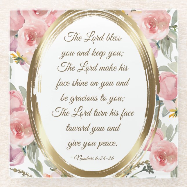Numbers 6:24-26 The Lord Bless You Pink Floral Glass Coaster (Front)