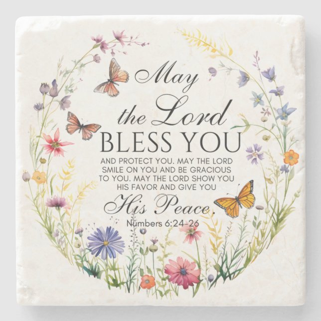Numbers 6:24-26 The Lord Bless you Wildflower Stone Coaster (Front)