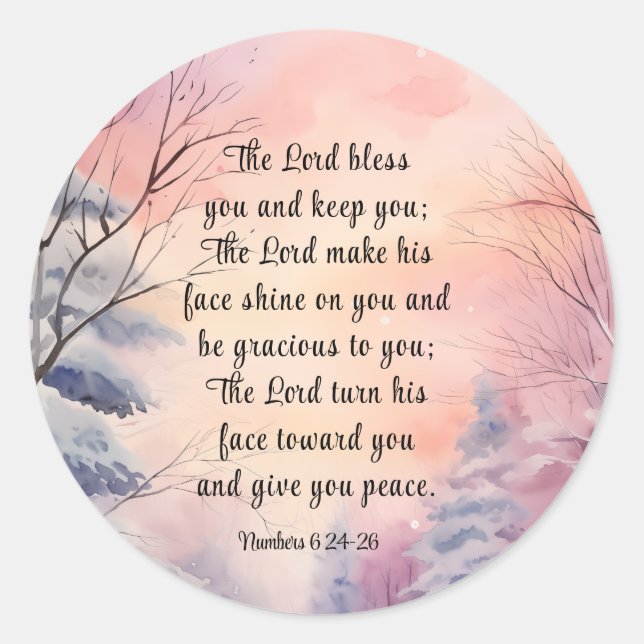 Numbers 6 Lord Bless You Bible Verse Winter Scene Classic Round Sticker (Front)