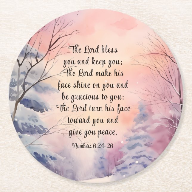 Numbers 6 Lord Bless You Bible Verse Winter Scene Round Paper Coaster (Front)