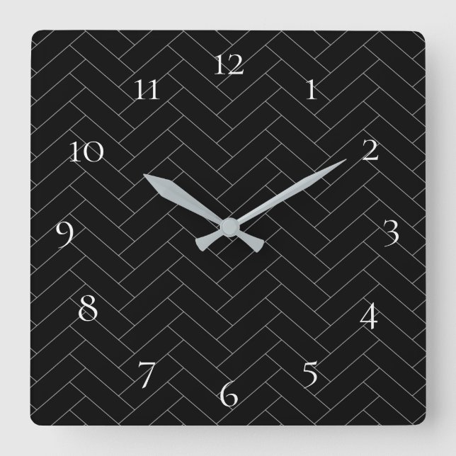 Numbers Black Grey Herringbone Pattern Square Wall Clock (Front)