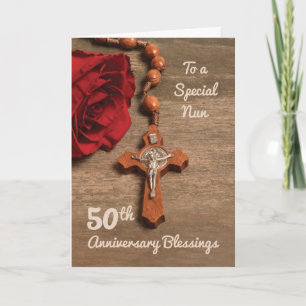 Nun 50th Anniversary Red Rose and Rosary Card