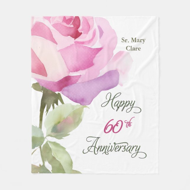 Nun 60th Anniversary Jubilee Custom Name Pink Rose Fleece Blanket (Front)