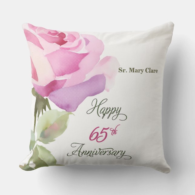 Nun 65th Anniversary Custom Name Pink Rose Cushion (Front)