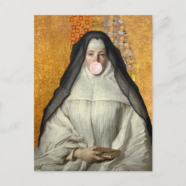 Nun Blowing a Pink Bubble gum  Postcard (Front)
