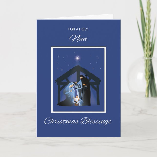 Nun Christmas Blessings Manger on Blue Card (Front)