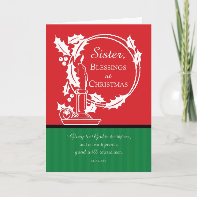 Nun Christmas Holly Wreath, Candle Red & Green Holiday Card (Front)