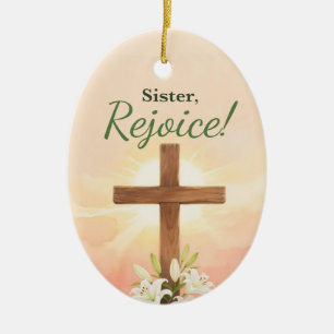 Nun Easter Rejoice Cross and Lilies Ceramic Tree Decoration