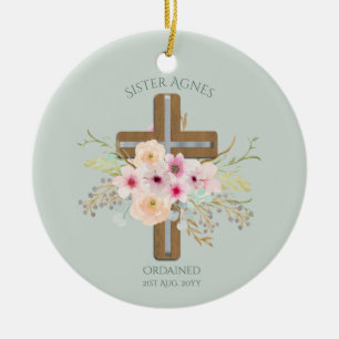 NUN - Ordination or Anniversary - Floral Cross Ceramic Tree Decoration