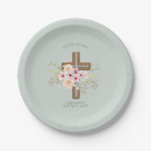 NUN - Ordination or Anniversary - Floral Cross Paper Plate