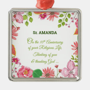 Nun Religious 10th Anniversary Watercolor Flowers Metal Tree Decoration