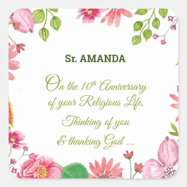Nun Religious 10th Anniversary Watercolor Flowers Square Sticker (Front)
