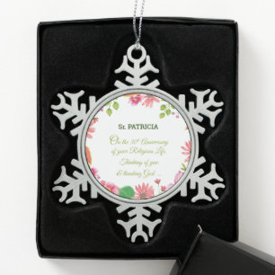 Nun Religious 30th Anniversary Watercolor Flowers Snowflake Pewter Christmas Ornament