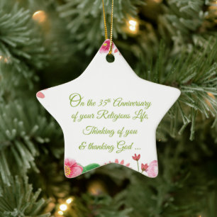 Nun Religious 35th Anniversary Watercolor Flowers Ceramic Tree Decoration