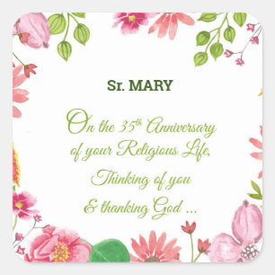 Nun Religious 35th Anniversary Watercolor Flowers Square Sticker