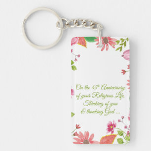 Nun Religious 45th Anniversary Watercolor Flowers Key Ring