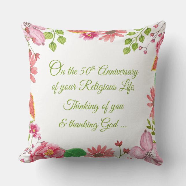Nun Religious 50th Anniversary Watercolor Flowers Cushion (Front)