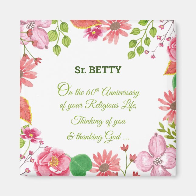 Nun Religious 60th Anniversary Watercolor Flowers Magnet (Front)