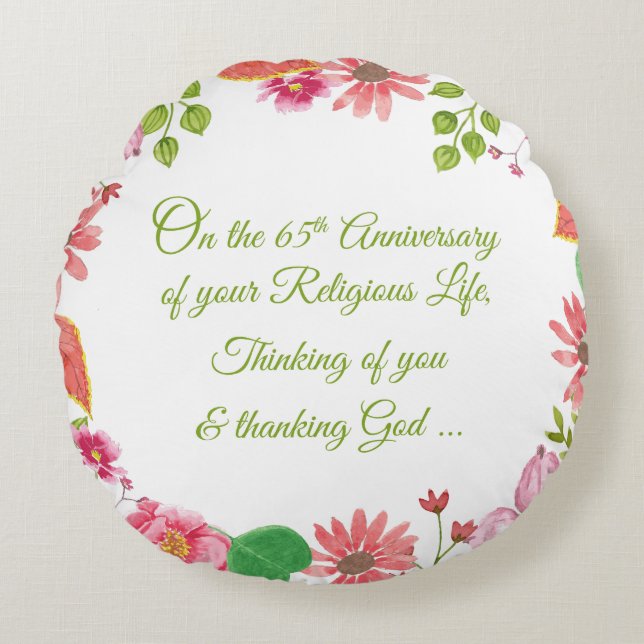 Nun Religious 65th Anniversary Watercolor Flowers Round Cushion (Front)