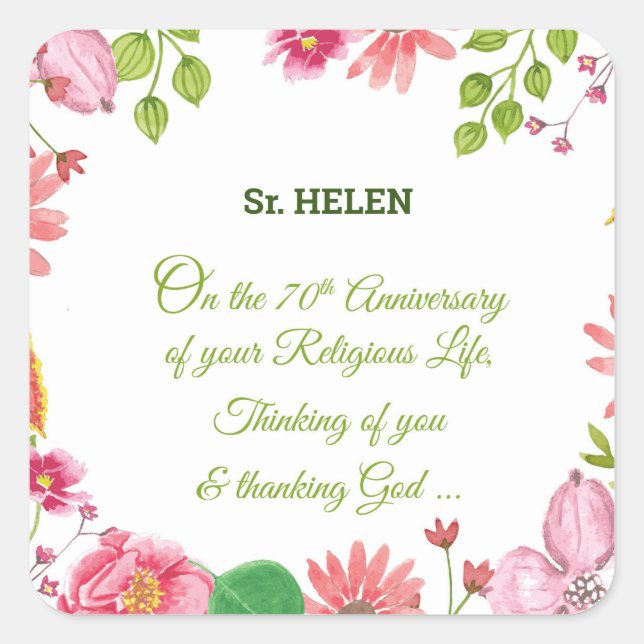 Nun Religious 70th Anniversary Watercolor Flowers Square Sticker (Front)