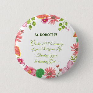 Nun Religious 75th Anniversary Watercolor Flowers 6 Cm Round Badge