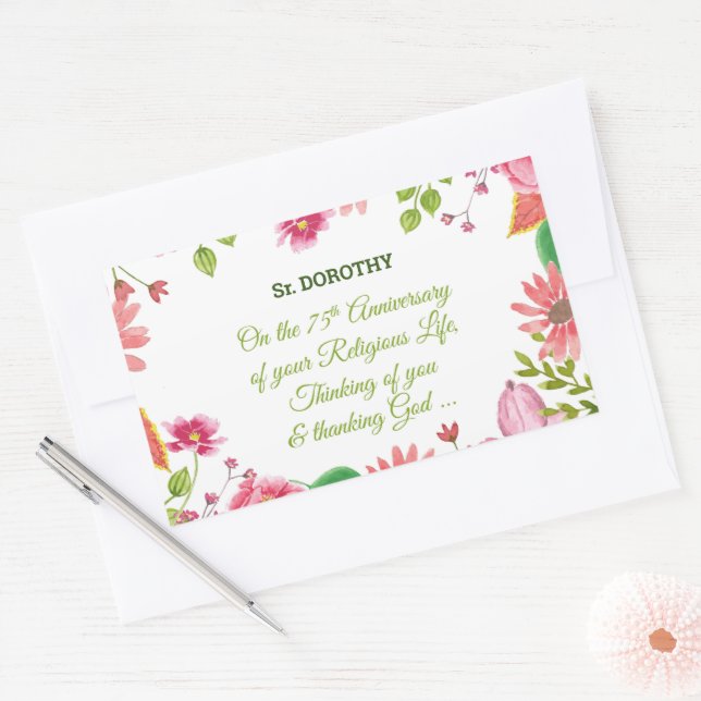 Nun Religious 75th Anniversary Watercolor Flowers Rectangular Sticker (Envelope)