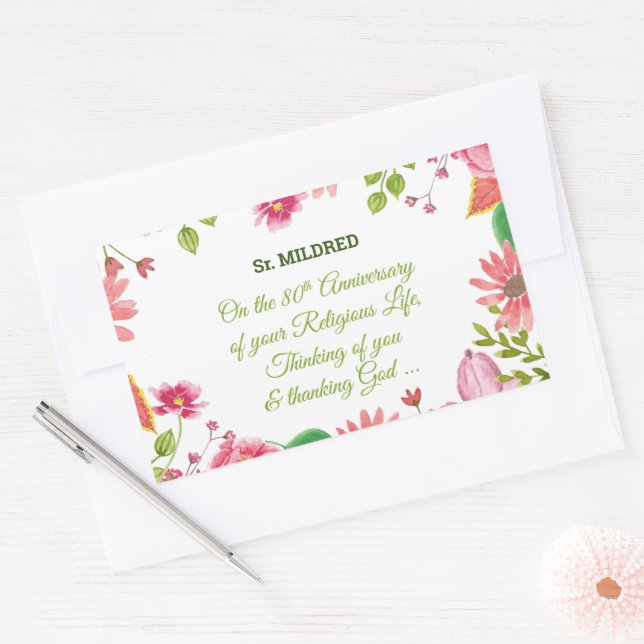 Nun Religious 80th Anniversary Watercolor Flowers Rectangular Sticker (Envelope)