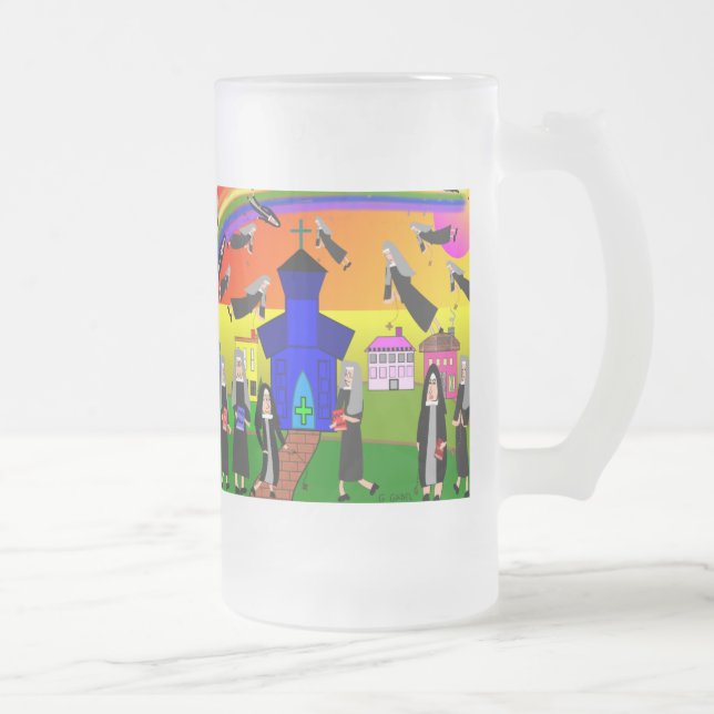 Nuns "Flying Nuns" Whimsical Art Frosted Glass Beer Mug (Right)