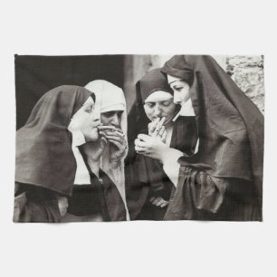 Nuns Smoking Vintage Photograph Tea Towel