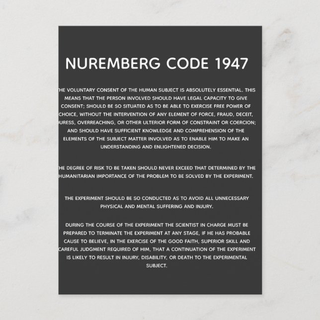 Nuremberg Code.  Acrylic Print Postcard (Front)