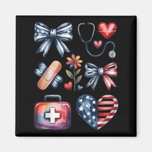 Nurse 4th of July Coquette Bow Red White Blue USA Magnet