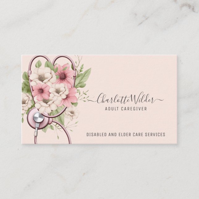 Nurse Adult Caregiver Floral Stethoscope  Business Card (Front)
