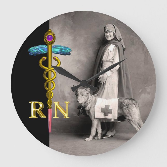 NURSE AND RESCUE DOG /Gold Caduceus RN Emblem Large Clock (Front)