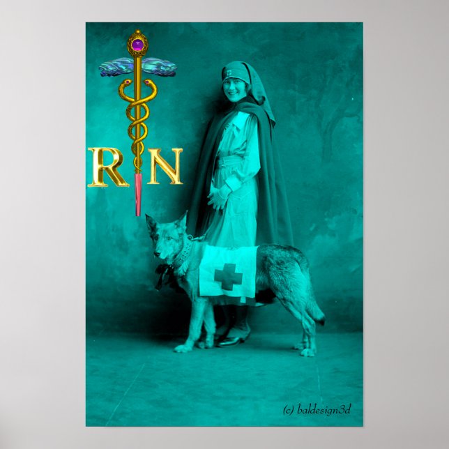 NURSE AND RESCUE DOG /Gold Caduceus RN Emblem Poster (Front)