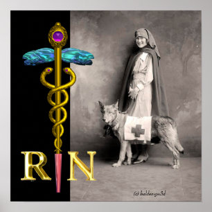NURSE AND RESCUE DOG /Gold Caduceus RN Emblem Poster