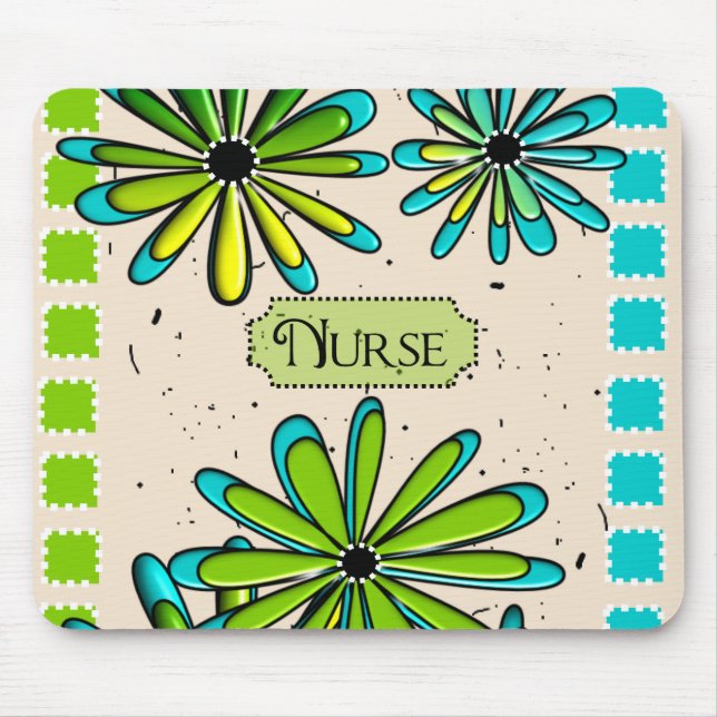 Nurse Artsy Floral Green and Blue Mouse Pad (Front)