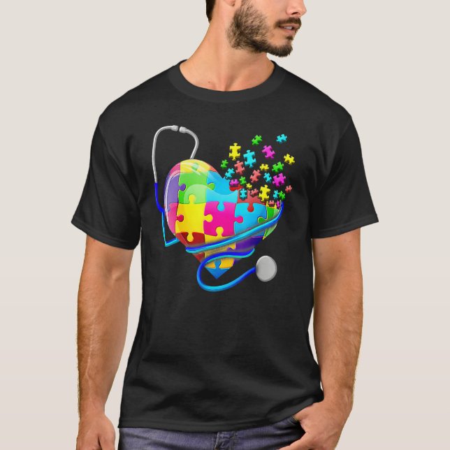 Nurse Autism Puzzle Stethoscope Heart Autism Aware T-Shirt (Front)