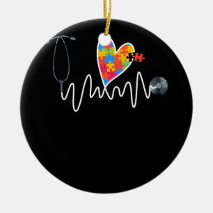 Nurse Autism Puzzle Stethoscope Heart Ceramic Tree Decoration
