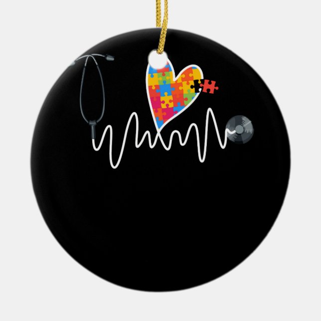 Nurse Autism Puzzle Stethoscope Heart Ceramic Tree Decoration (Front)