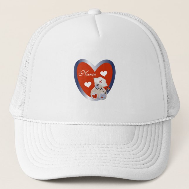 Nurse Bear With Heart T-shirts and Gifts Trucker Hat (Front)