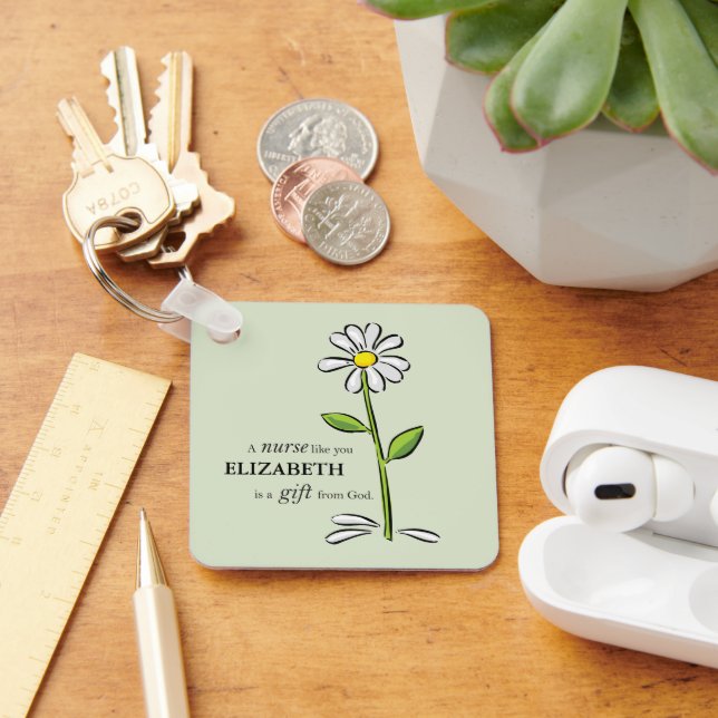 Nurse Birthday Religious Green Daisy Personalised Key Ring (Desk)