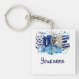 Nurse blue bold glittery animal pattern, flowers key ring