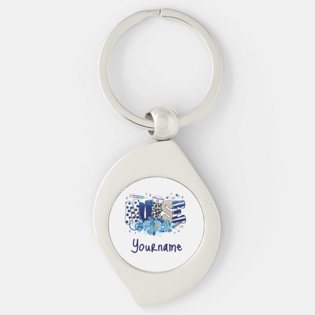 Nurse blue bold glittery animal pattern, flowers key ring (Front)