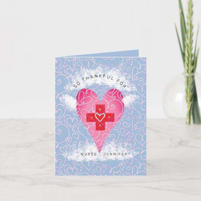 Nurse Blue Pink Heart Personalized Thank You Card (Front)