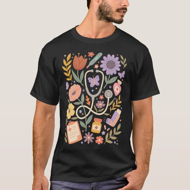 Nurse Boho Flowers Rn T-Shirt (Front)