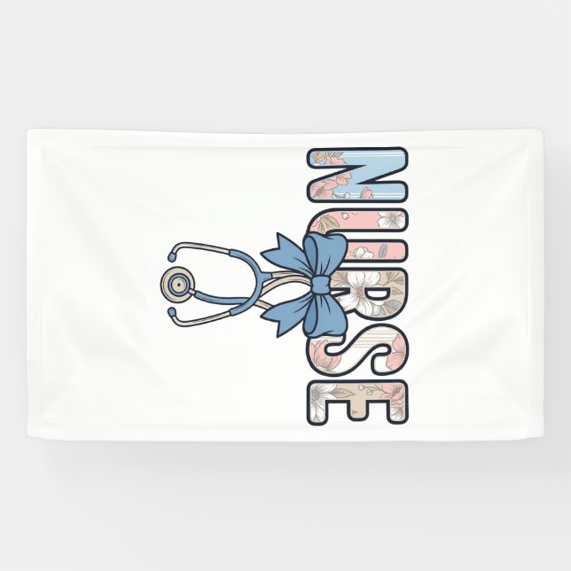 Nurse Bow Stethoscope Vintage Floral Banner (Horizontal)