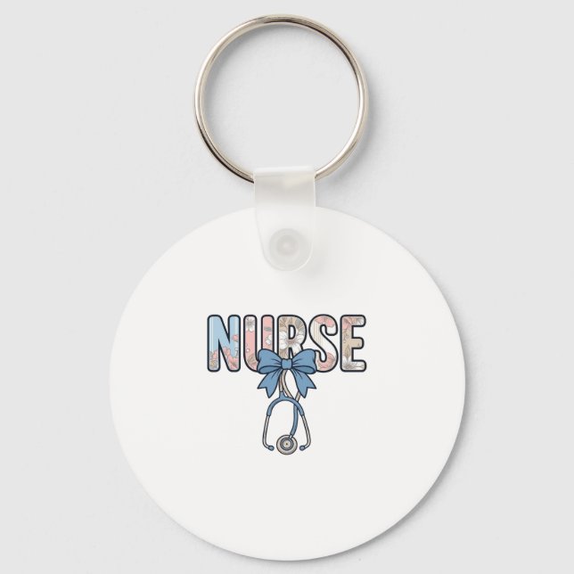Nurse Bow Stethoscope Vintage Floral Key Ring (Front)