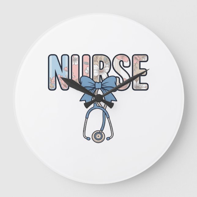 Nurse Bow Stethoscope Vintage Floral Large Clock (Front)