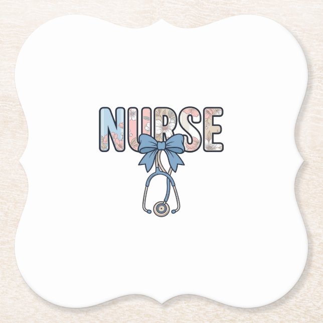 Nurse Bow Stethoscope Vintage Floral Paper Coaster (Front)