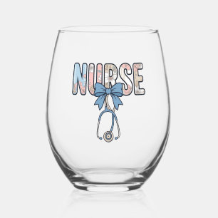 Nurse Bow Stethoscope Vintage Floral Stemless Wine Glass
